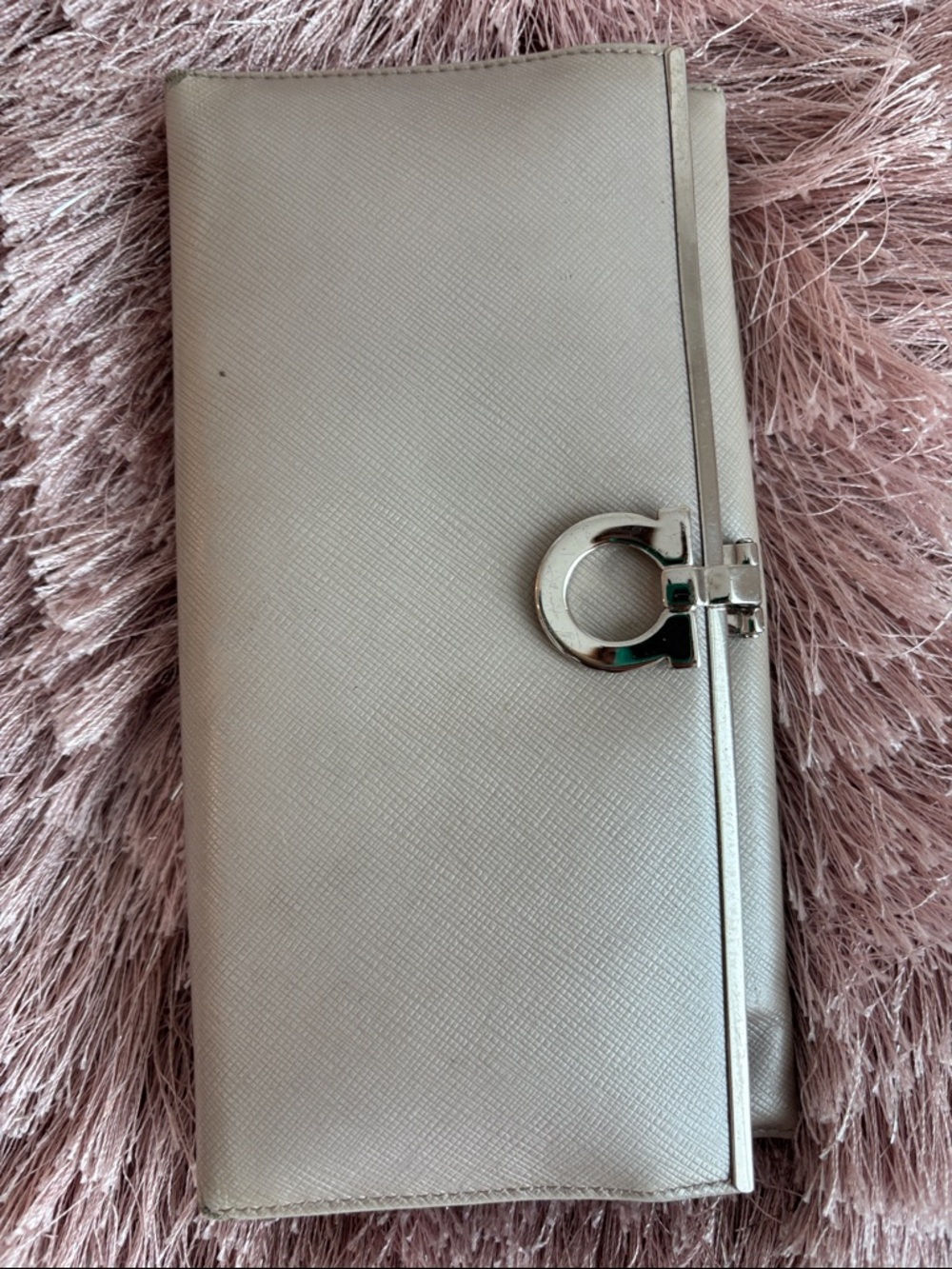 Authentic Salvatore Ferragamo Gancini Silver/ivory  Long wallet. Clean interior